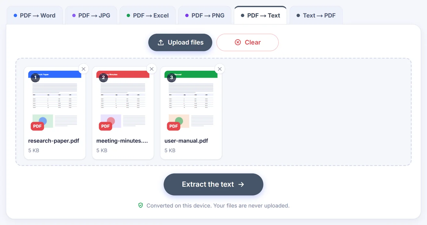 Three numbered cards for research-paper.pdf, meeting-minutes.pdf and user-manual.pdf, each 5 KB with a first-page thumbnail and a remove cross